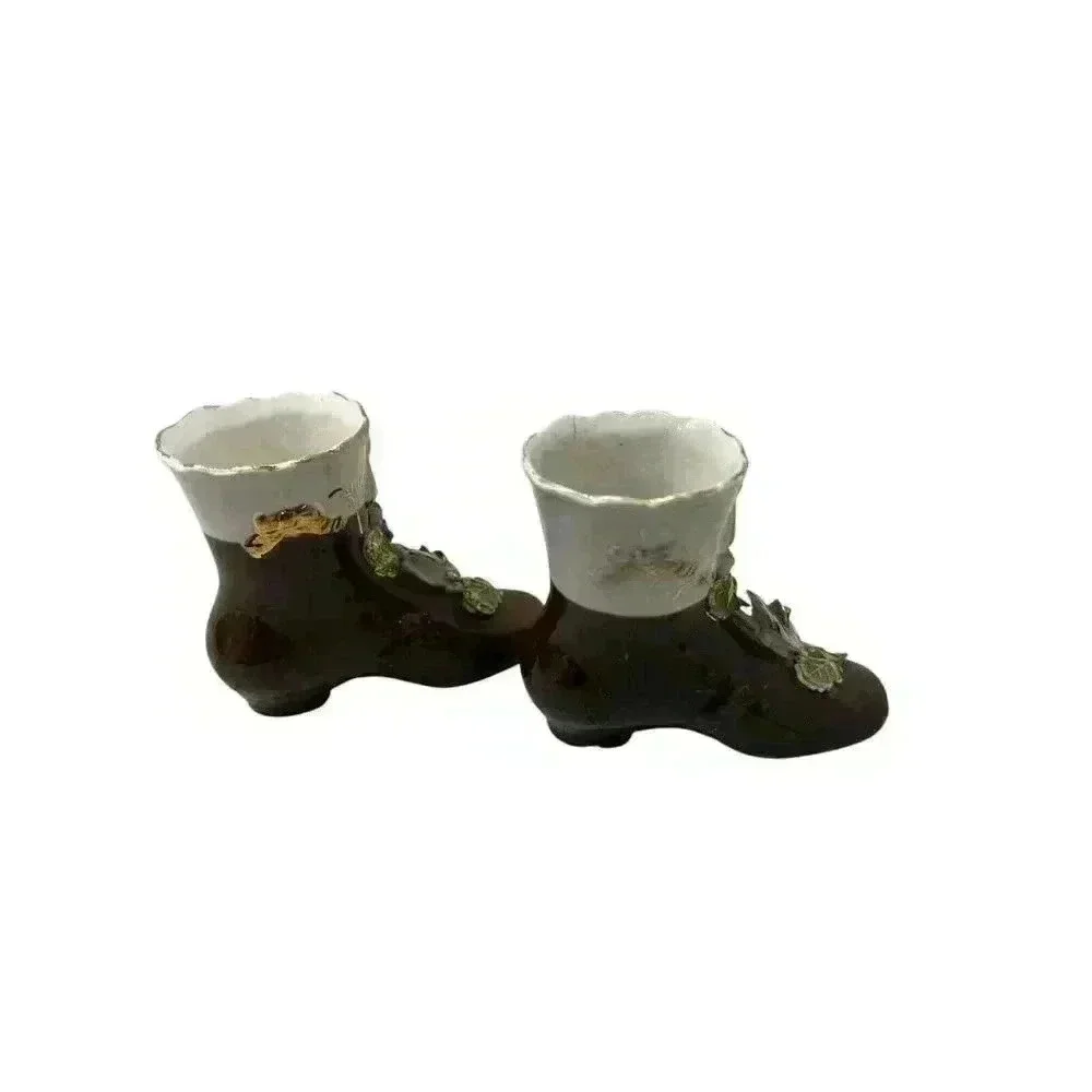 Set of Vintage Porcelain Miniature Shoe Vases Brown with Applied Flowers 3